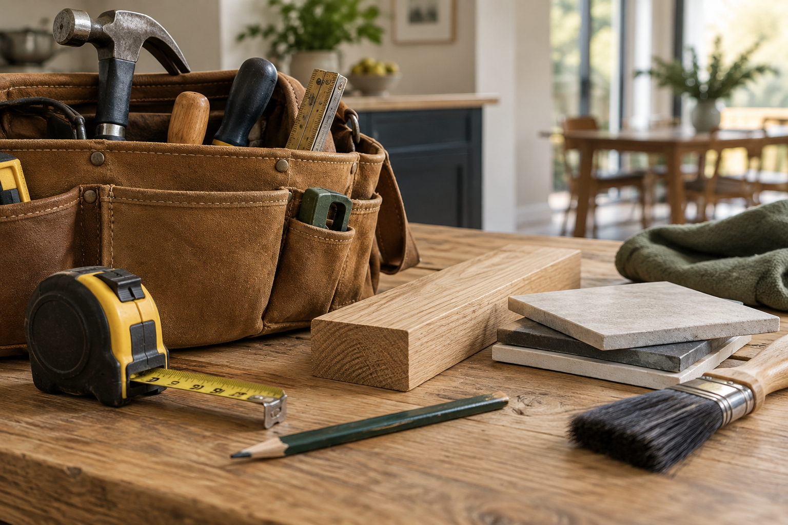 Illustrative photograph of trade tools and material samples on a workbench in a home