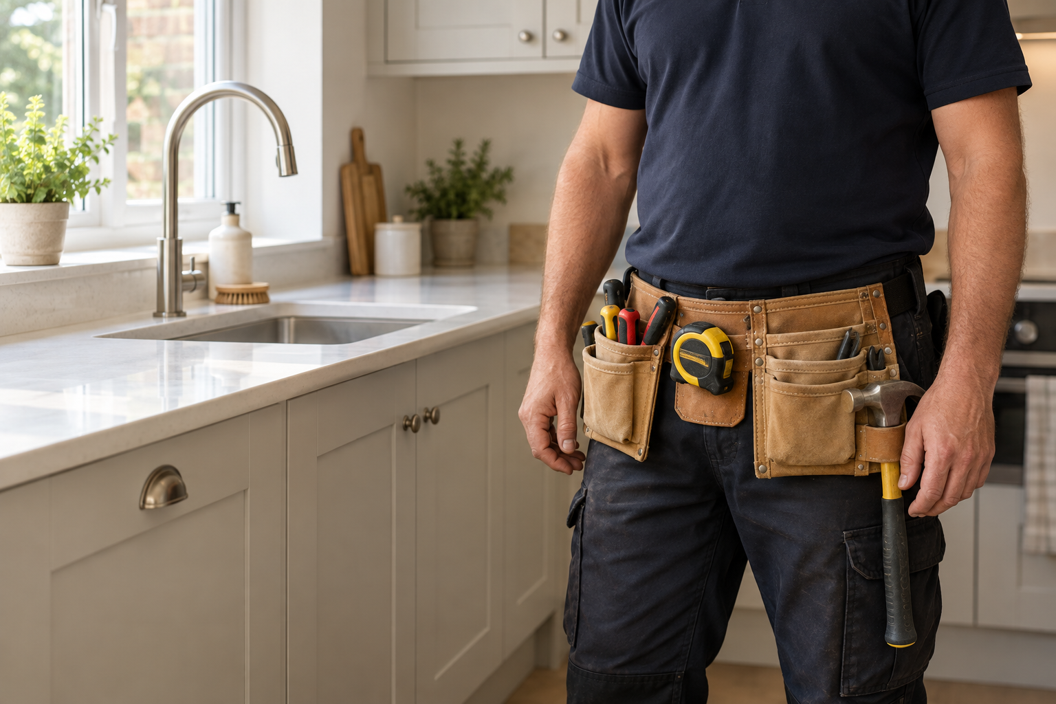 Illustrative image of a tradesperson with a tool belt in a modern kitchen